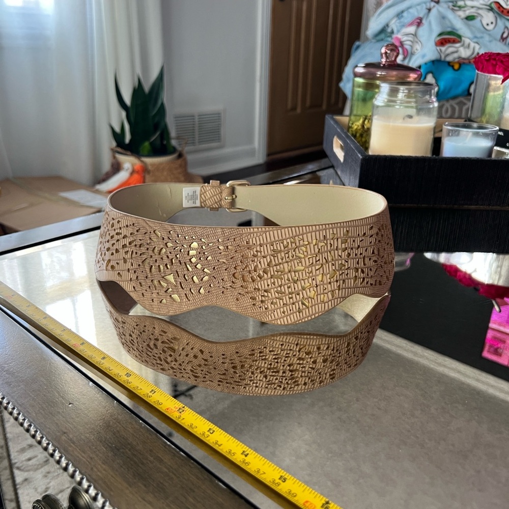 BCBGMaxAzria Metallic Cutout Waist Belt in Gold-Tan